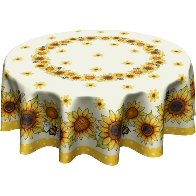 Sunflower Floral Tablecloth Round 60 Inch Bee Flower Washable Table Cloth Heat Resistant Seasonal Table Cover for Party Picnic Dinner Decor