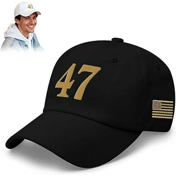 Unisex 47 Printed Baseball Cap, Gold Embroidery for Men Women Adjustable Patriot Hat(black)