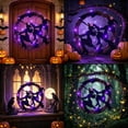 thumbnail image 5 of Lighted Witch Rattan Wreath with Purple LED Lights, Halloween Front Door Wreath with Double Witch Silhouette & Bat Cutouts, Spooky Hanging Vine Wreath Decor for Porch Wall Indoor Outdoor Party, 5 of 6