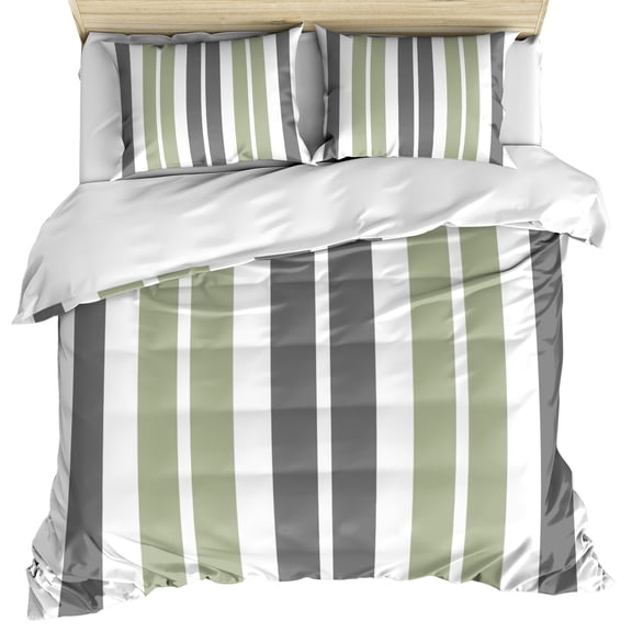 Sage Green Grey Striped Bedding 3 Piece Duvet Cover Set Queen Size, Gray Modern Abstract Art Soft Microfiber Comforter Cover with Zipper Closure & Pillowcases, Wrinkle & FadeResistant Quilt Cover