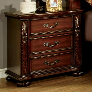 Homiyad Brown Cherry Traditional 1pc Nightstand Solid Wood 3-Drawers Bedside Table Pewter Hanging Pull Grand Design Bedroom Furniture