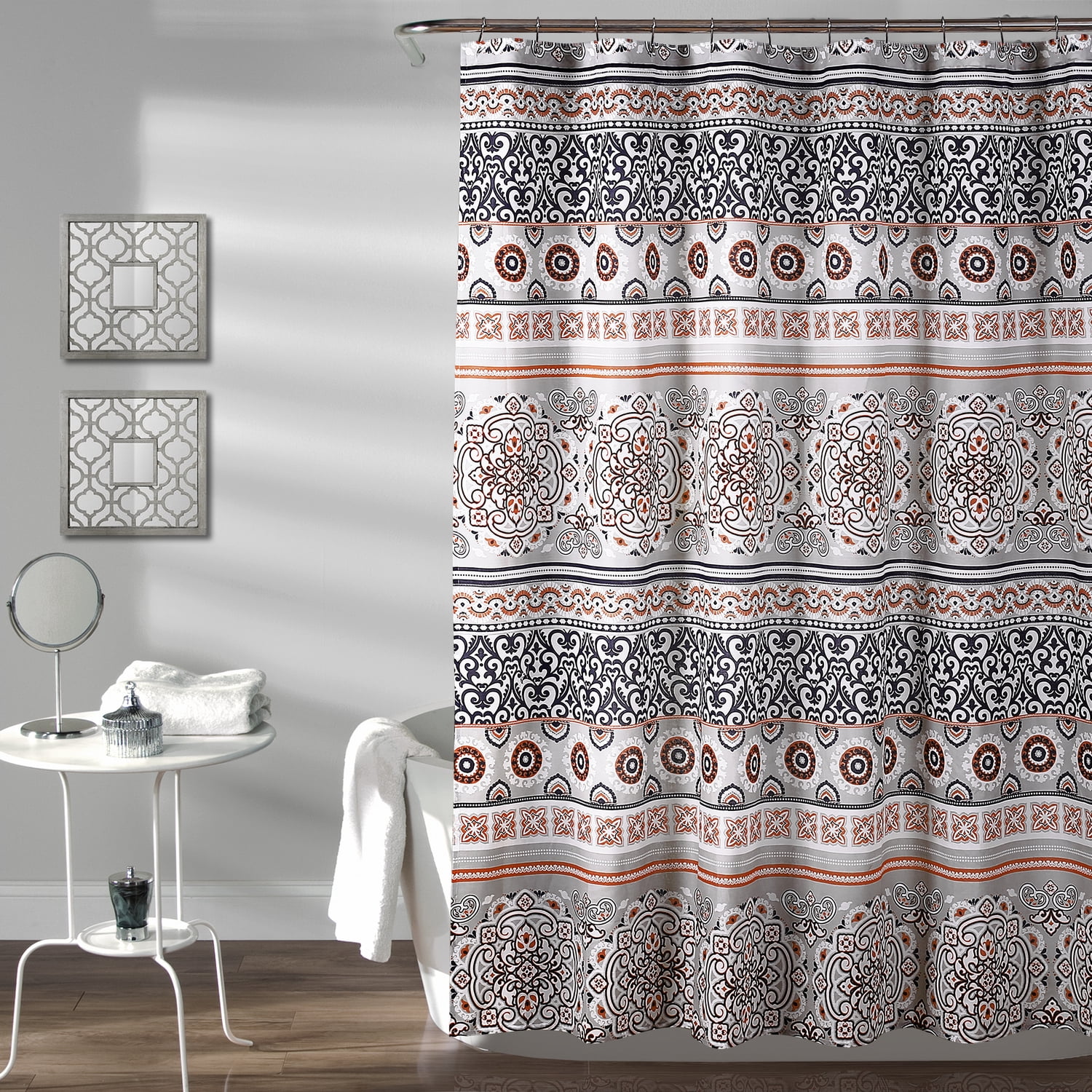 Lush Decor Nesco Stripe Shower Curtain, 72x72, Navy/Coral, Single