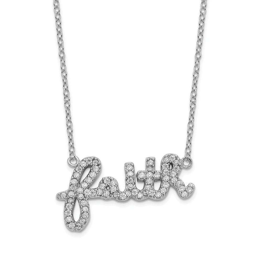 Necklace with Pendant Sterling Silver CZ Faith With 1" Extension