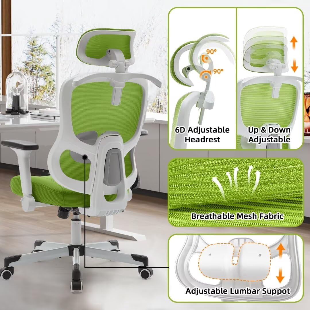 Ergonomic Office Chair Big Tall Reclining Gaming Chair Adjustable Lumbar Support 6D Armrest 6D Headrest Breathable Mesh Swivel Computer Chairs Home Task Desk Chair Wheels Coat Hanger Tilt Lock Green