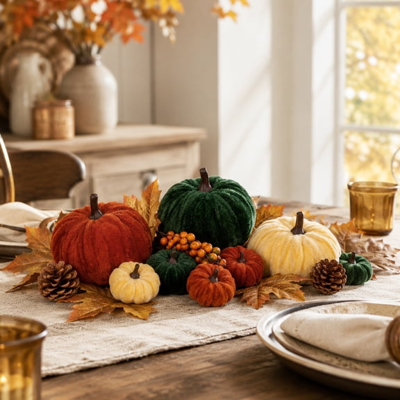 YOYTOO 21Pcs Velvet Pumpkin Decoration Set Artificial Mini Pumpkins Decor for Fall Harvest Thanksgiving Halloween Party, Multicolor