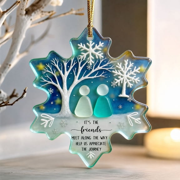 Sea Glass Snowflake Ornament, Acrylic Hanging Keepsake with Friendship Quote and Classic Style, Thank You Gift for Christmas, Home, Tree, Holiday, Seasonal, Party, Decor, Pink