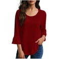 thumbnail image 6 of ZACPNCV Womens Solid Crew Neck 3/4 Sleeve Linen Top Flounced Sleeve Detail Casual Loose Fit Blouse Romantic Style, 6 of 9