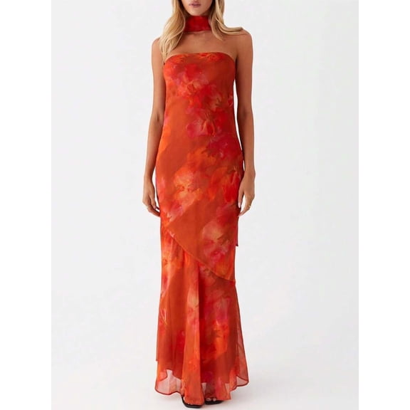 Coral Orange Floral Strapless Halter Maxi Dress With Asymmetrical Drape Bodycon Evening Gown