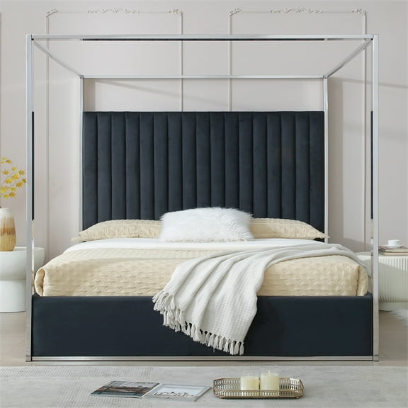 Jeffrey Canopy Velvet Upholstered King Bed Frame In Black