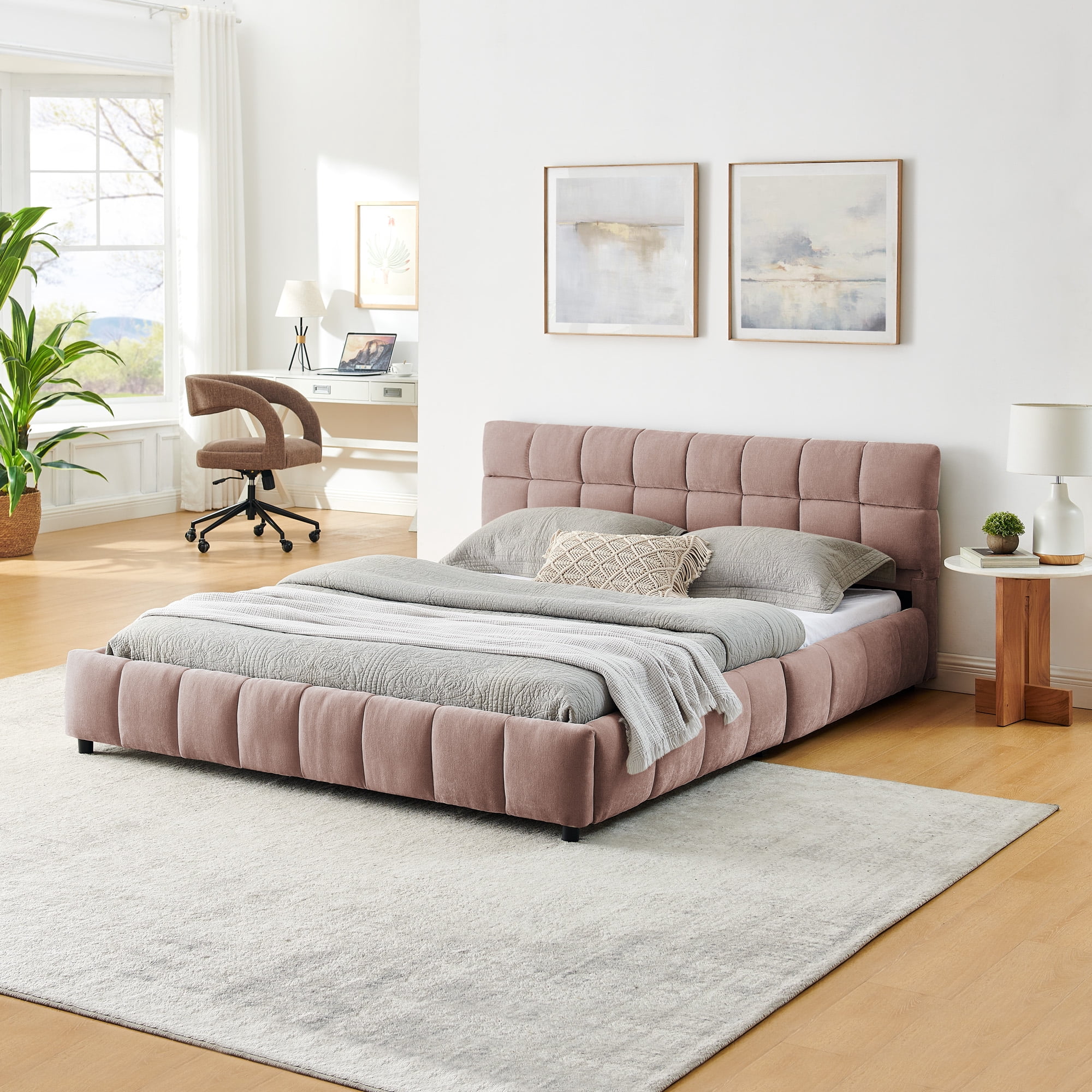 Modern Pink Wood Frame Queen Chenille Upholstered Platform Bed with Headboard & 4 Drawers