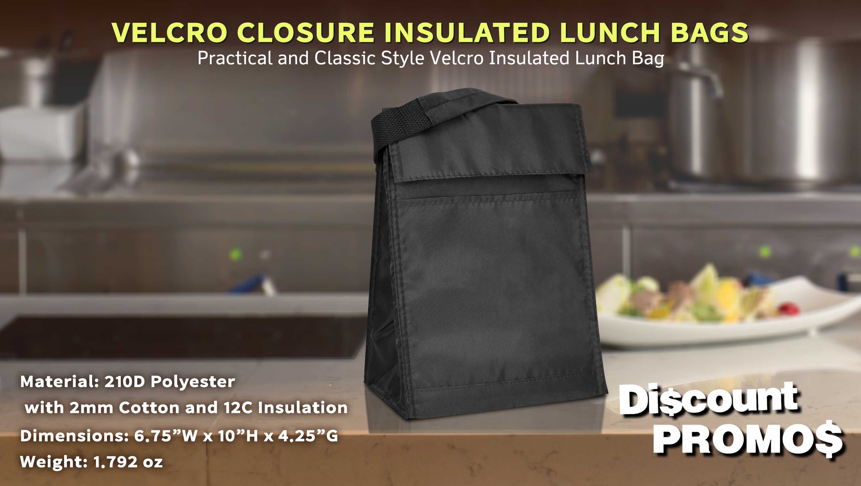 10 Hook and Loop Insulated Lunch Bags Set - Polyester, Durable, Vibrant, Reusable - Black