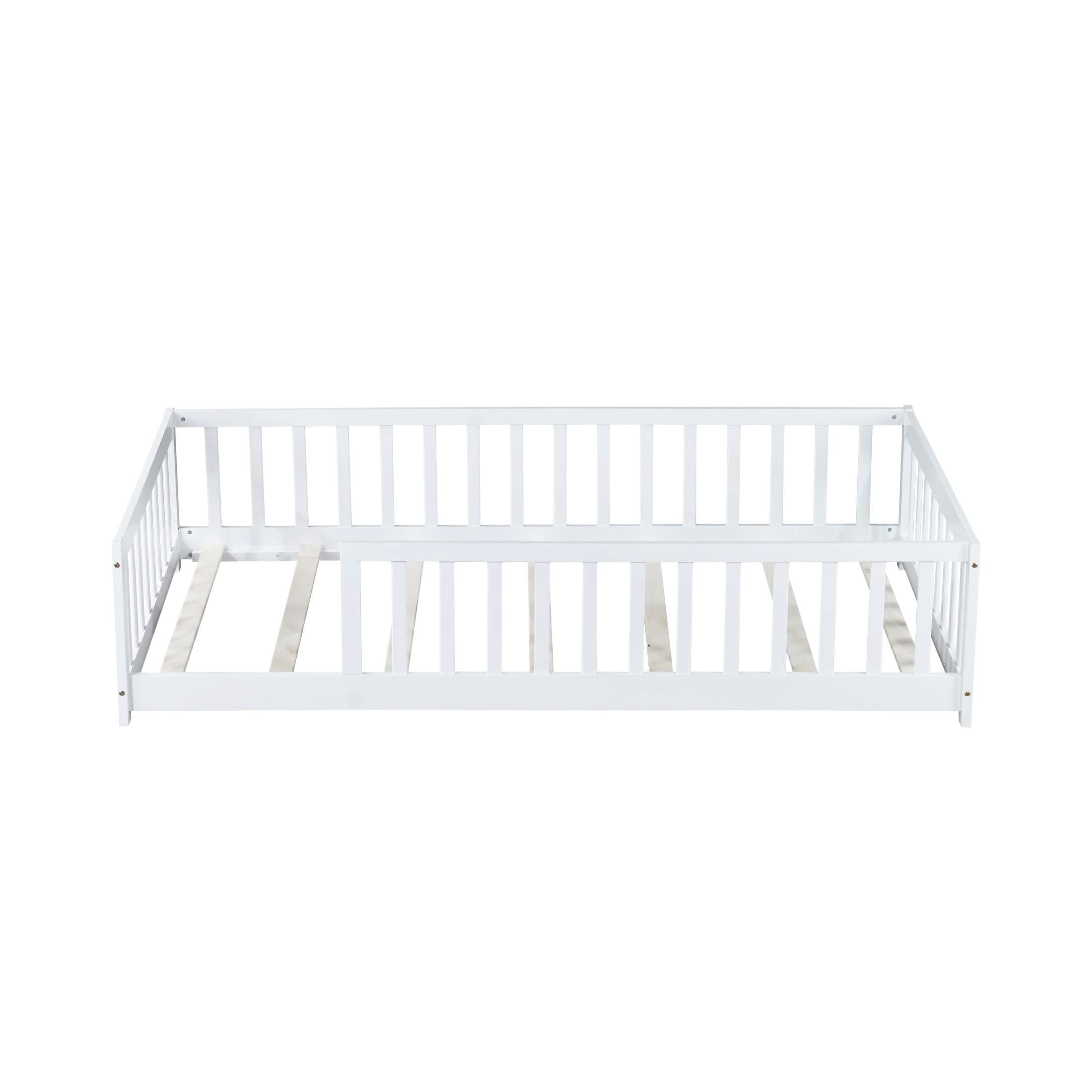 Noble House Nira Twin Size Floor Bed with High Fence, Sturdy Rubber Wood Montessori Bed, Kid's Room, White
