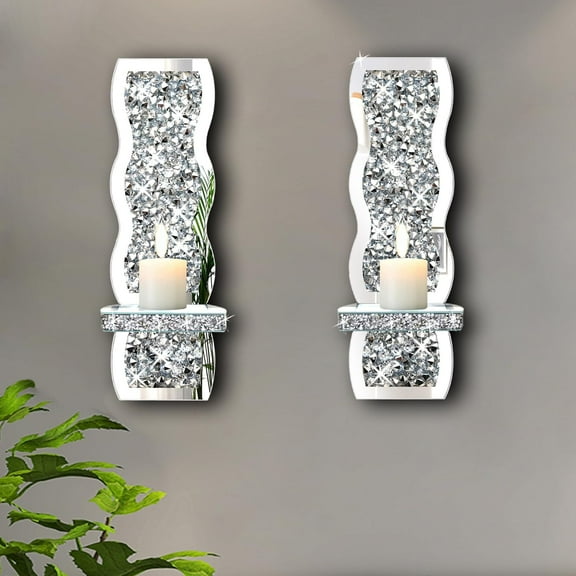 Set of 2 Crystal Crush Diamond Candle Sconces, Gorgeous Silver Mirrored Wall Sconce, Wave Pattern Irregular Candle Holder Glass Wall Decorations for Home Décor, Living Room, Dining Room.