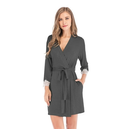 

Clearance Womens Robe Lightweight Kimono Robes Short Knit Bathrobe Soft Sleepwear Ladies Loungewear Knee Length Long Sleeve Pajamas Robe with Pockets Casual Nightwear S-XXL Gray