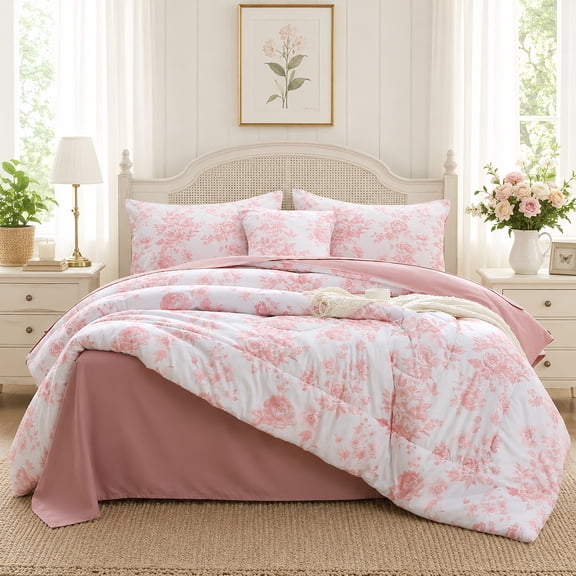 OKKEEY Pink Rose Floral Queen Comforter Set, 6-Piece Bed in a Bag with Flowers Print, Soft Microfiber All-Season Bedding with Comforter, Flat Sheet, Fitted Sheet