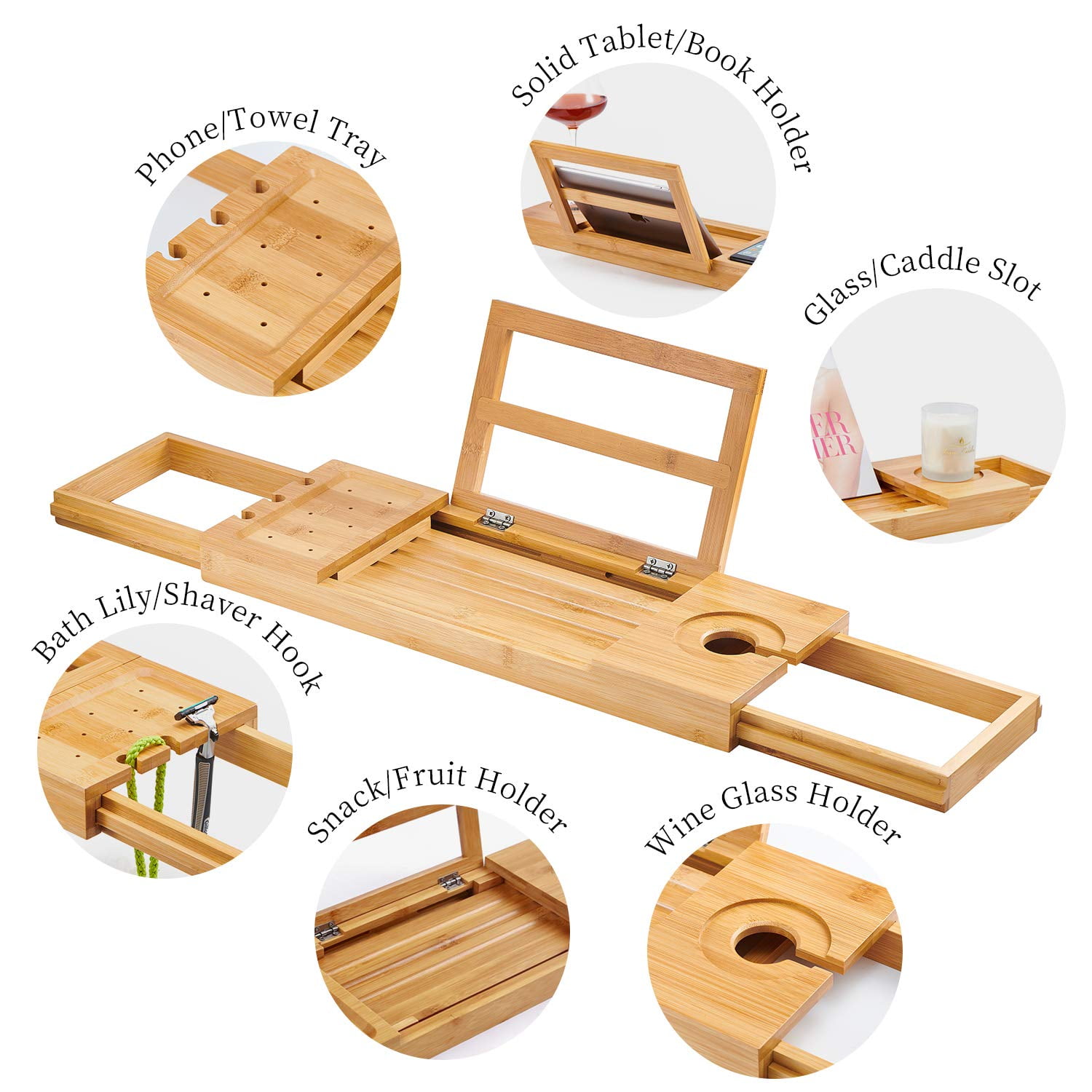 Utoplike Bamboo Bathtub Caddy Tray Bath Tray for Tub, Adjustable Bathroom Bathtub Organizer with Book Tablet Wine Glass Cup Towel Holder