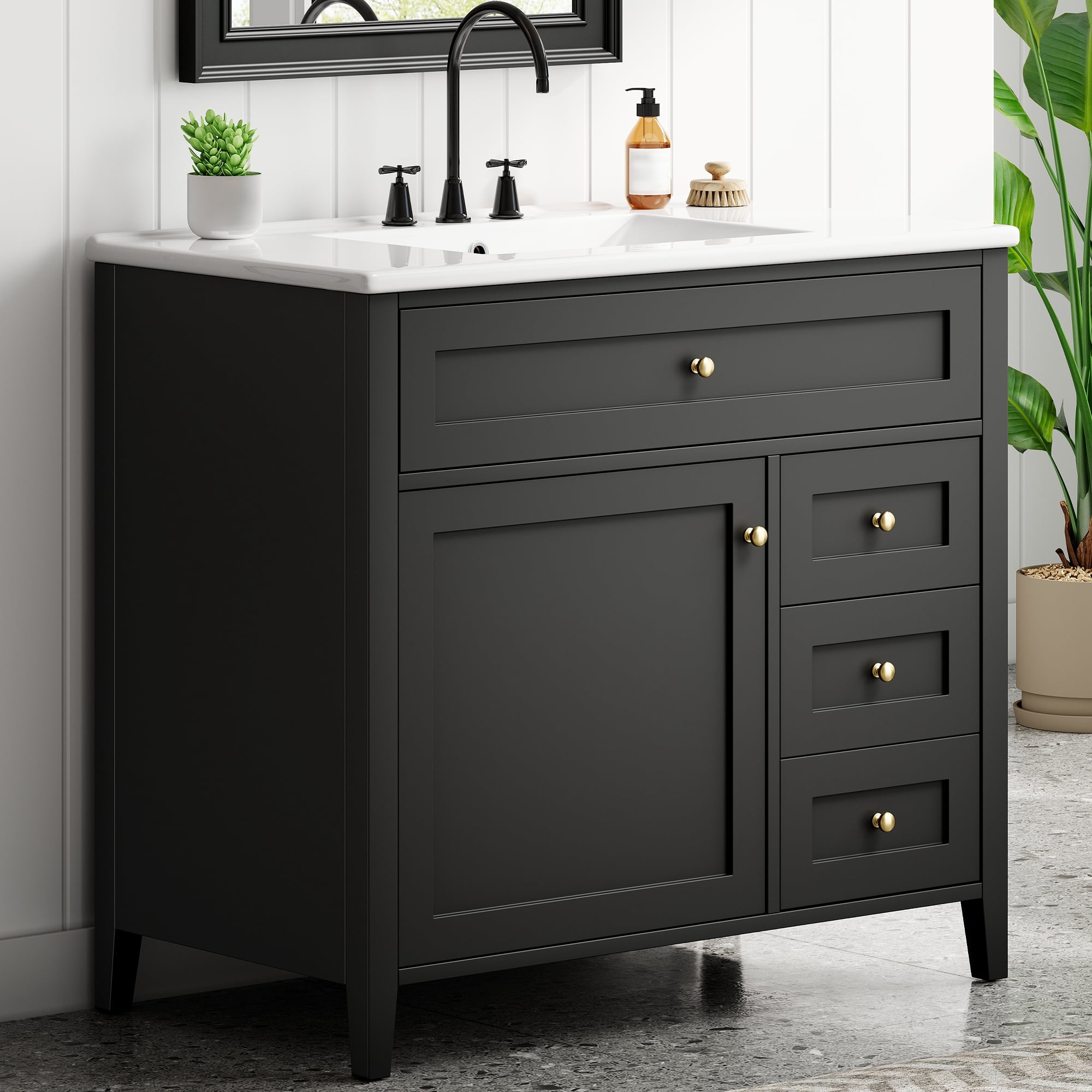 Anpport 36" Freestanding Bathroom Vanity with Sink, Modern MDF & Rubberwood Cabinet, 3 Drawers, Adjustable Shelf & Left‑Side Door, Black