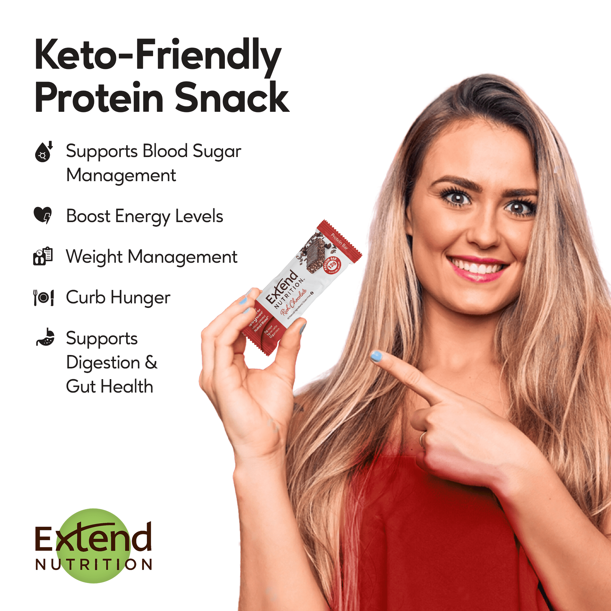 Extend Nutrition Bar, Low Carb, Sugar Free, Protein Bars, Rich Chocolate, 12 Count