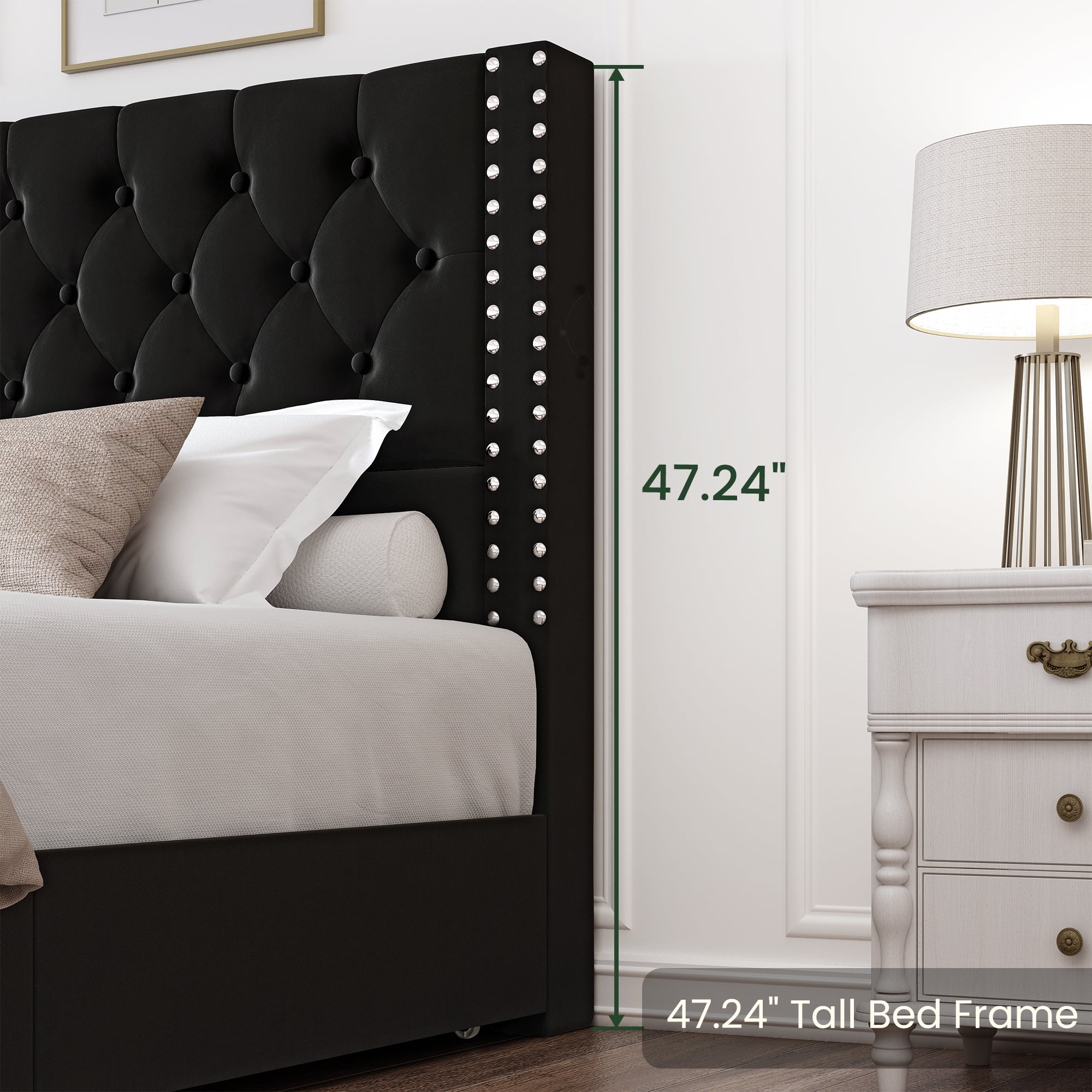 LARMACE King Size Tufted Bed Frame with 4 Storage Drawers, Linen