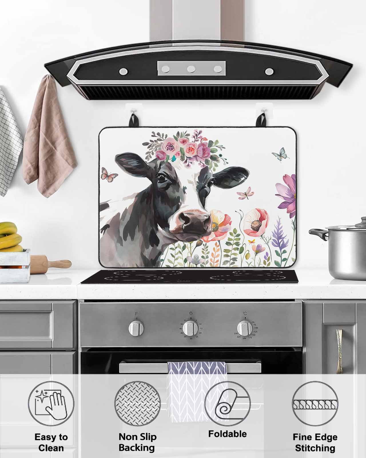 nqOlkjepod Large Induction Cooktop Protector Mat 24"x21", Cow Flower Stove Top Covers for Electric Stove, Farmhouse Cattle Botanical Butterfly Floral Stove Burner Cover Mats, Glass Top Stove Cover