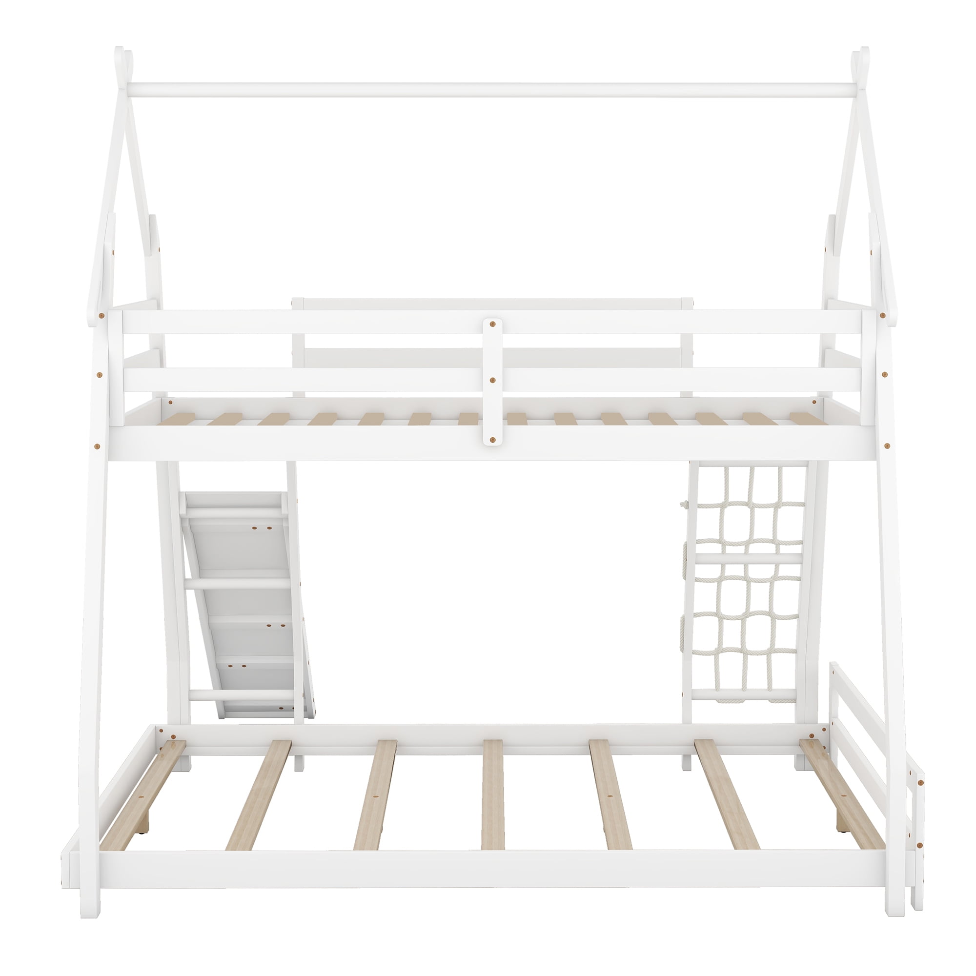 Euroco Twin over Queen Bunk Bed with Climbing Nets and Ramp for Kids Teens Bedroom, White