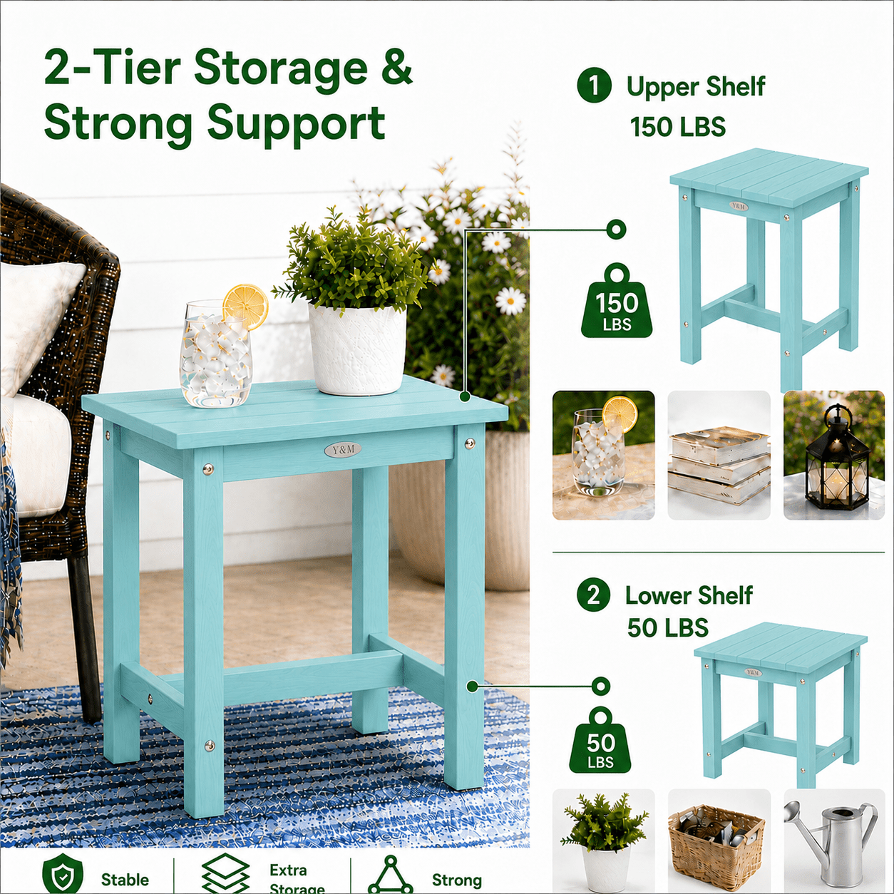 Y&M Outdoor Side Table, HIPS Adirondack Small Single Table, Waterproof Square Outside Table, Balcony Modern End Tables for Patio, Pool, Beach, Porch, Deck, Indoor or Outdoor Use, Light Blue