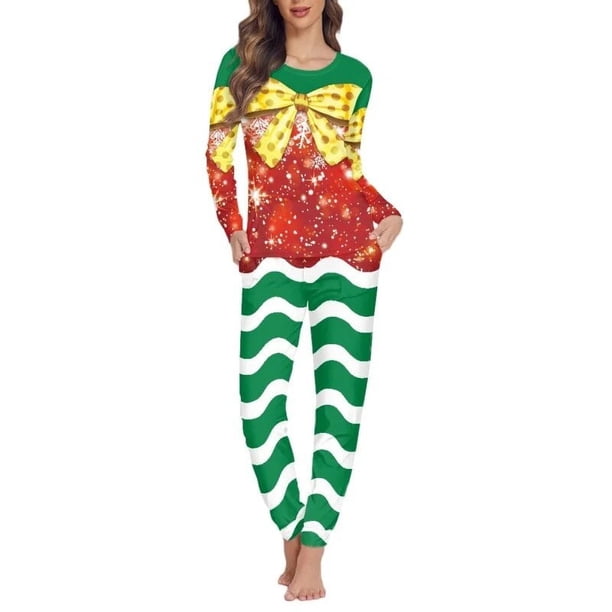 Conjunto de pijama de dos piezas con estampado navideño para mujer, ropa de dormir femenina de manga larga, holgada e informal, a pedido, para invierno
