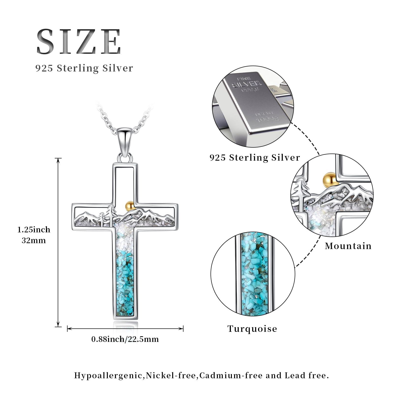Coachuhhar Corss Necklace for Women 925 Sterling Silver Crushed Turquoise Mountain Sunset Pendant Nature Jewelry Faith Gifts for Christian Hikers Lovers