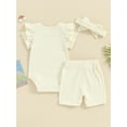 thumbnail image 4 of Bslissey Baby Girls 3Pcs Summer Outfits Short Sleeve Ruffled Romper + Elastic Waist Shorts + Bow Headband 0-18M Newborn Infant Solid Color Shorts Sets, 4 of 9