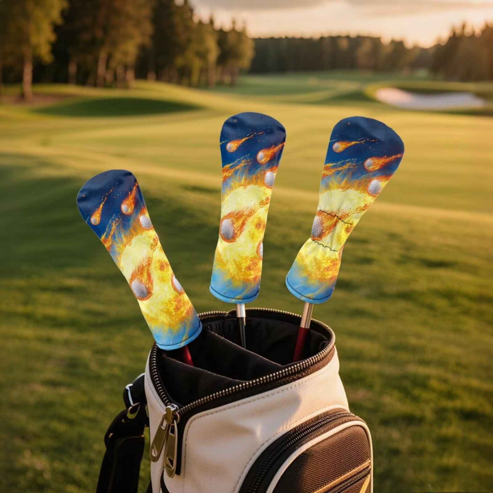 Uorisanigo Golf Club Head Covers for Driver, Fairway Woods and Hybrids, Premium PU Leather Fire Golf Ball Print Golfclub Headcovers, 3 PCS Headcovers Set Accessories Protection