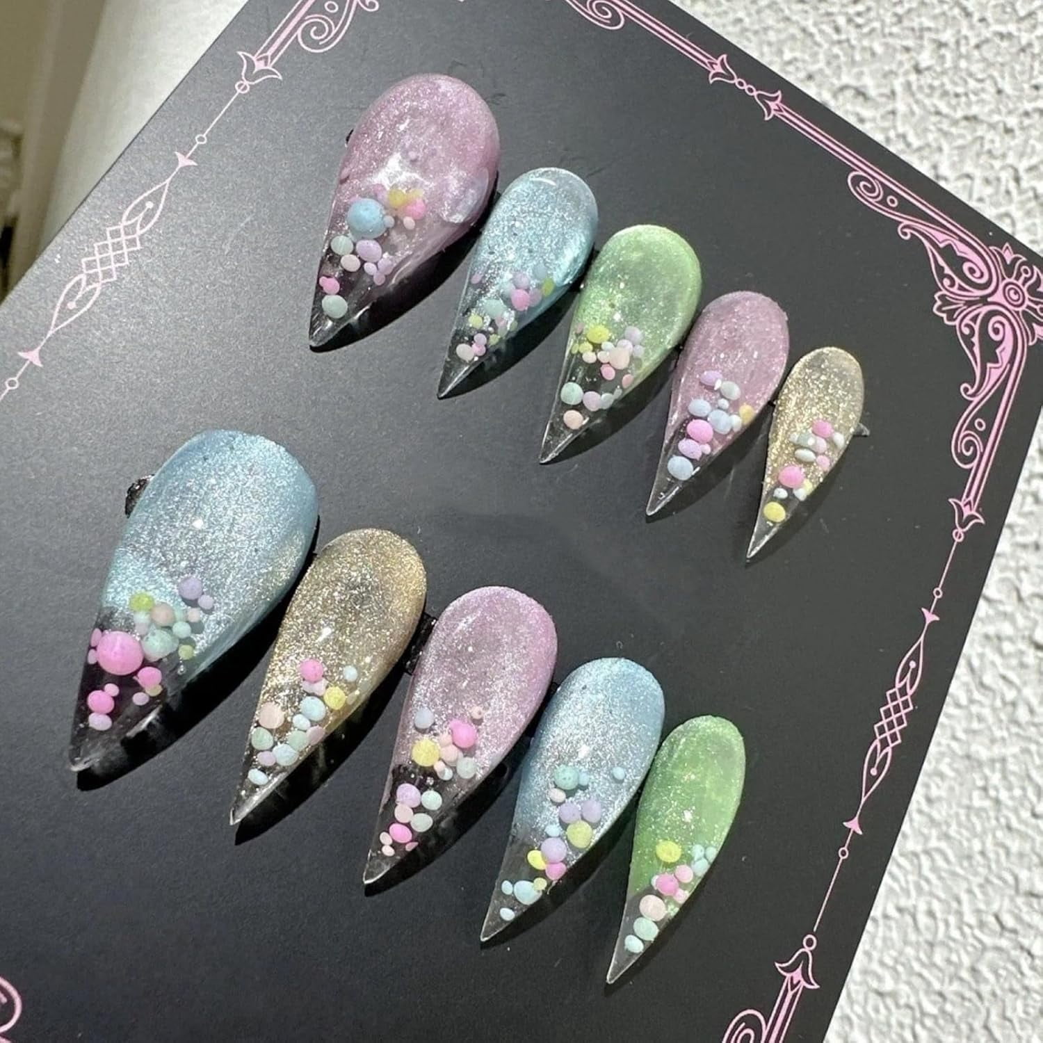 Cute Cat Claw Press on Nails Short Stiletto Colorful Cat Eye Pattern with Round Balls Handmade Reusable Thick Acrylic Cat Dragon Eagle Claw False Nail Glossy Glue on Nail