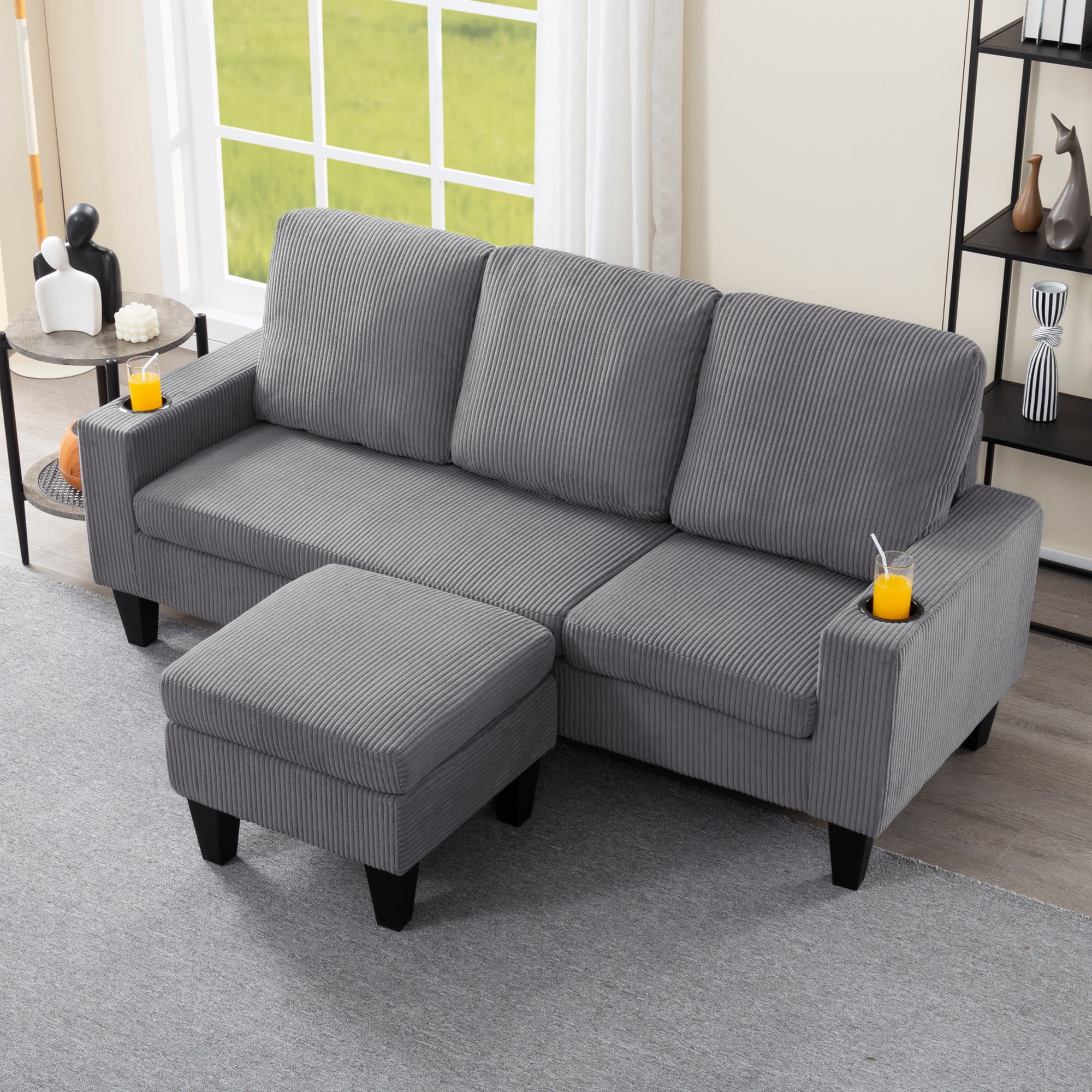 Gewnee Light Grey 69.88” L-Shaped Sofa, Corduroy Reversible Ottoman with Cup Holders for Home/Office