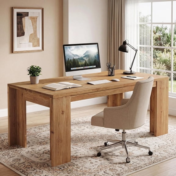 Finmind 63" Solid Wood Executive Desk, Farmhouse Home Office Desk with Large Work Surface, Rustic Brown