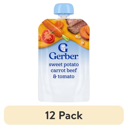 (12 pack) Gerber Stage 2 Baby Food, Sweet Potato Carrot Beef & Tomato, Baby Food Pouches, Puree 3.5 oz