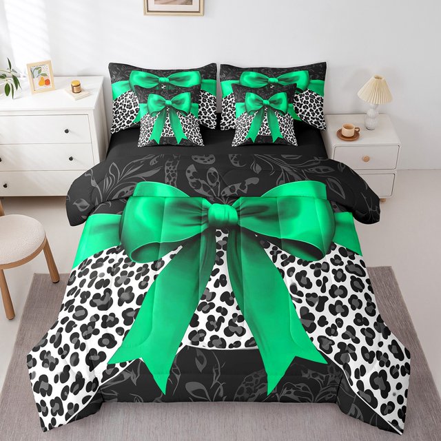 Erosebridal Cartoon Bow-tie Bedding Sets Twin Size, Princess Ribbon Comforter Sets with Sheets, Black Cheetah Print Decor, Reversible
