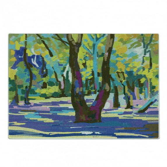 Fine Art Cutting Board, Forest with Trees Vibrant Toned Leaves Digital Colored Woodland Exotic Style Print, Decorative Tempered Glass Cutting and Serving Board, in 3 Sizes, by Ambesonne
