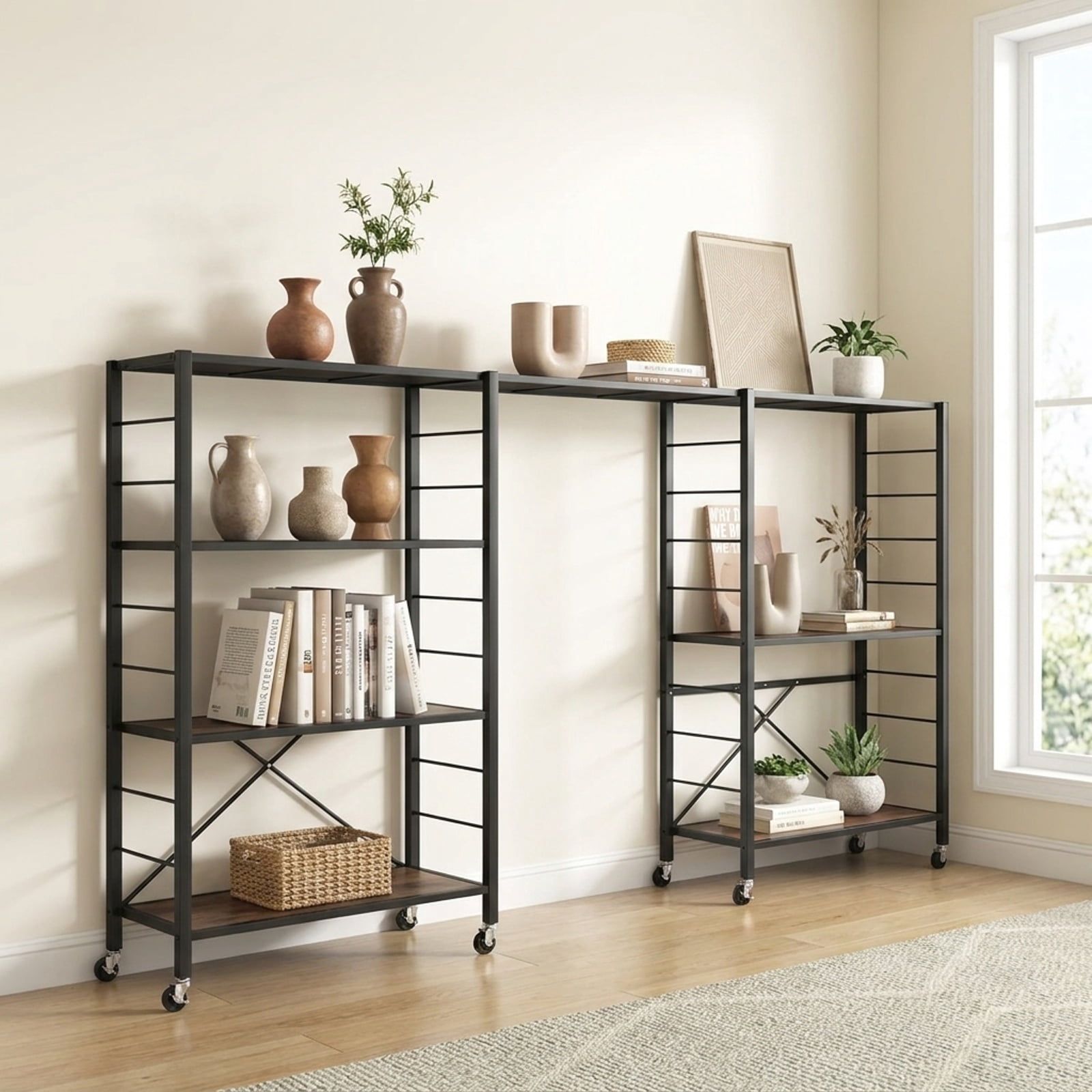 RUIE 4-Tier Foldable Storage Shelf with Wheels, Rolling Utility Shelving Rack for Kitchen Living Room Tool Room, 180 lb Capacity, Black