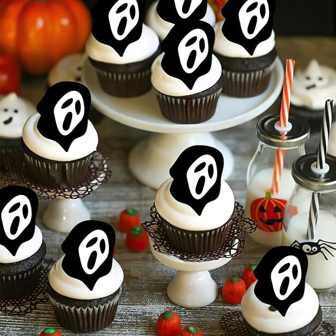 24PCS Halloween Horror Movie Cupcake Toppers Halloween Party Decorations Black Ghost Cupcake Toppers Scary Movie Themed Cake Decorations for Halloween Horror Movie Themed Party Decor Supplies