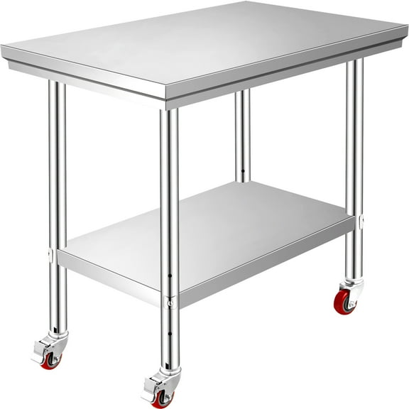 VEVOR Superior Stainless Steel Work Table with Wheels 30x24inch Food Prep Utility Work Station, Adjustable Undershelf, Easy to Install