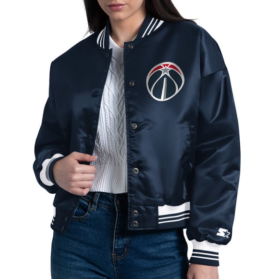 Women's Starter  Navy Washington Wizards Arch Stripe Full-Snap Satin Varsity Jacket