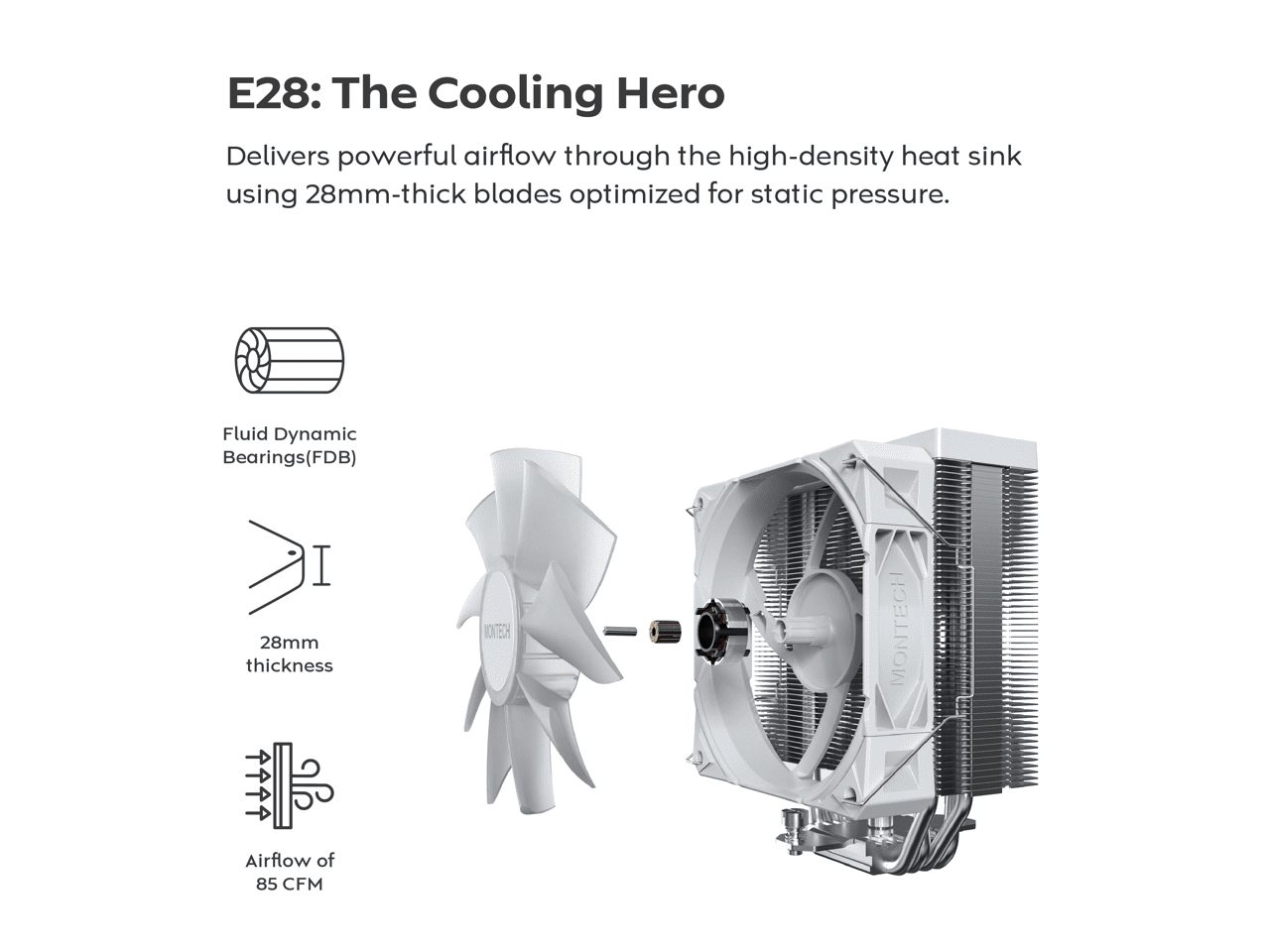 MONTECH NX400 ARGB - CPU Air Cooler, Single Tower, 4 Advanced Heat Pipes, 52-fin Heat Sink, E28, 120mm FDB Static Pressure Fan, 28mm Fan Thickness, Polished Top Cover, ARGB Lightning - White