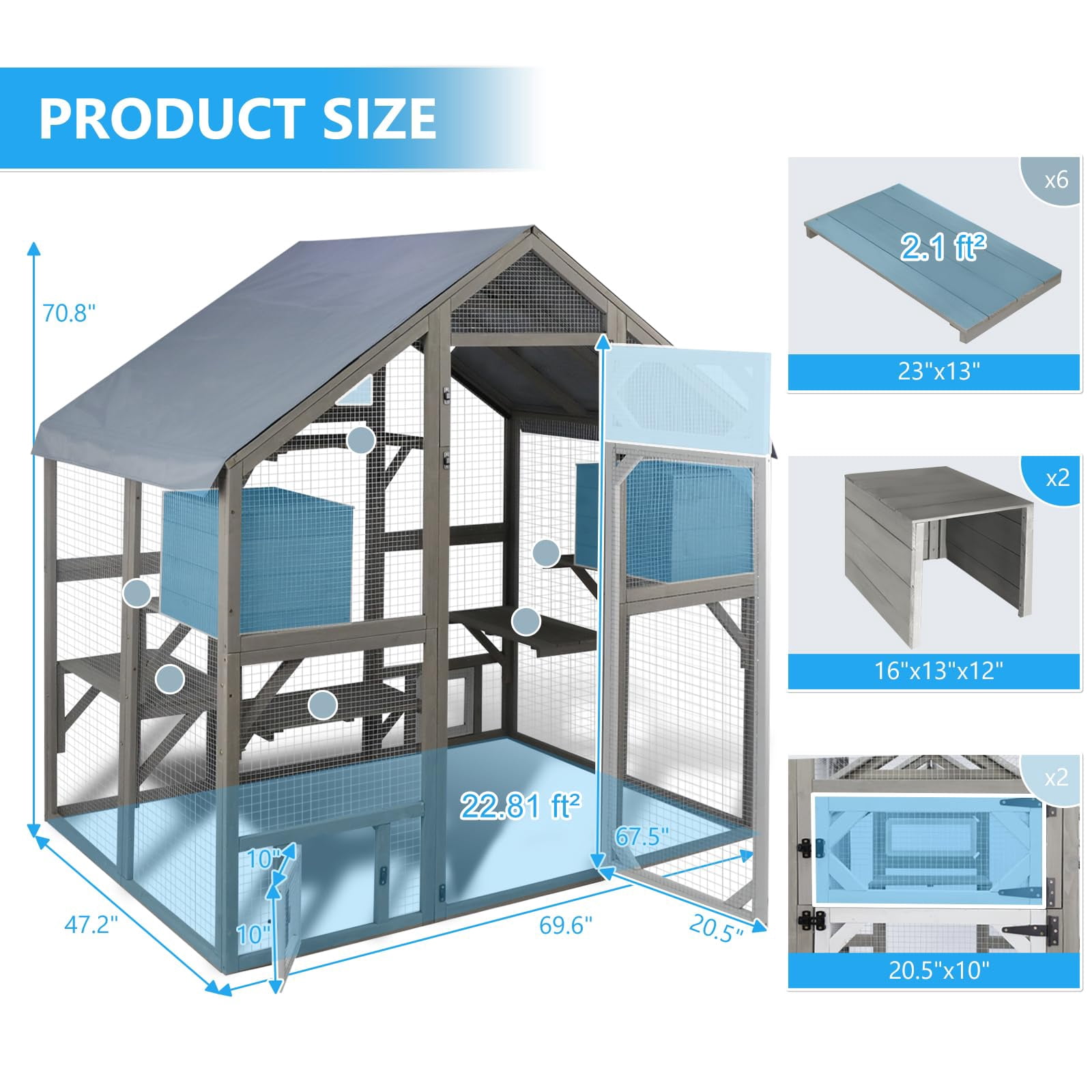 Gowoodhut 69.9" L Catio Outdoor Cat Enclosure for Multiple Cats，Wooden Walk in Cats Shelter Kitty Enclosure
