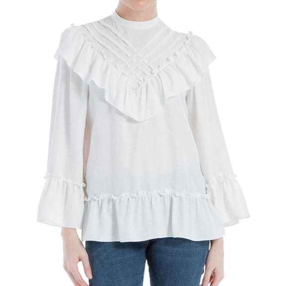 Max Studio London Womens Lattice Ruffled Blouse, Off-White, Medium