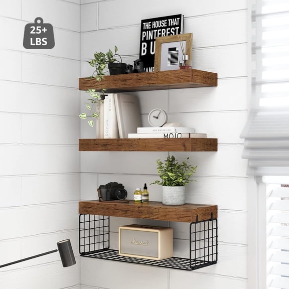 Bathroom Shelves Over Toilet - Wall Mounted Floating Shelves Toilet Paper Storage Small Farmhouse Decor Shelf 16 inch Set of 3, Rustic Brown