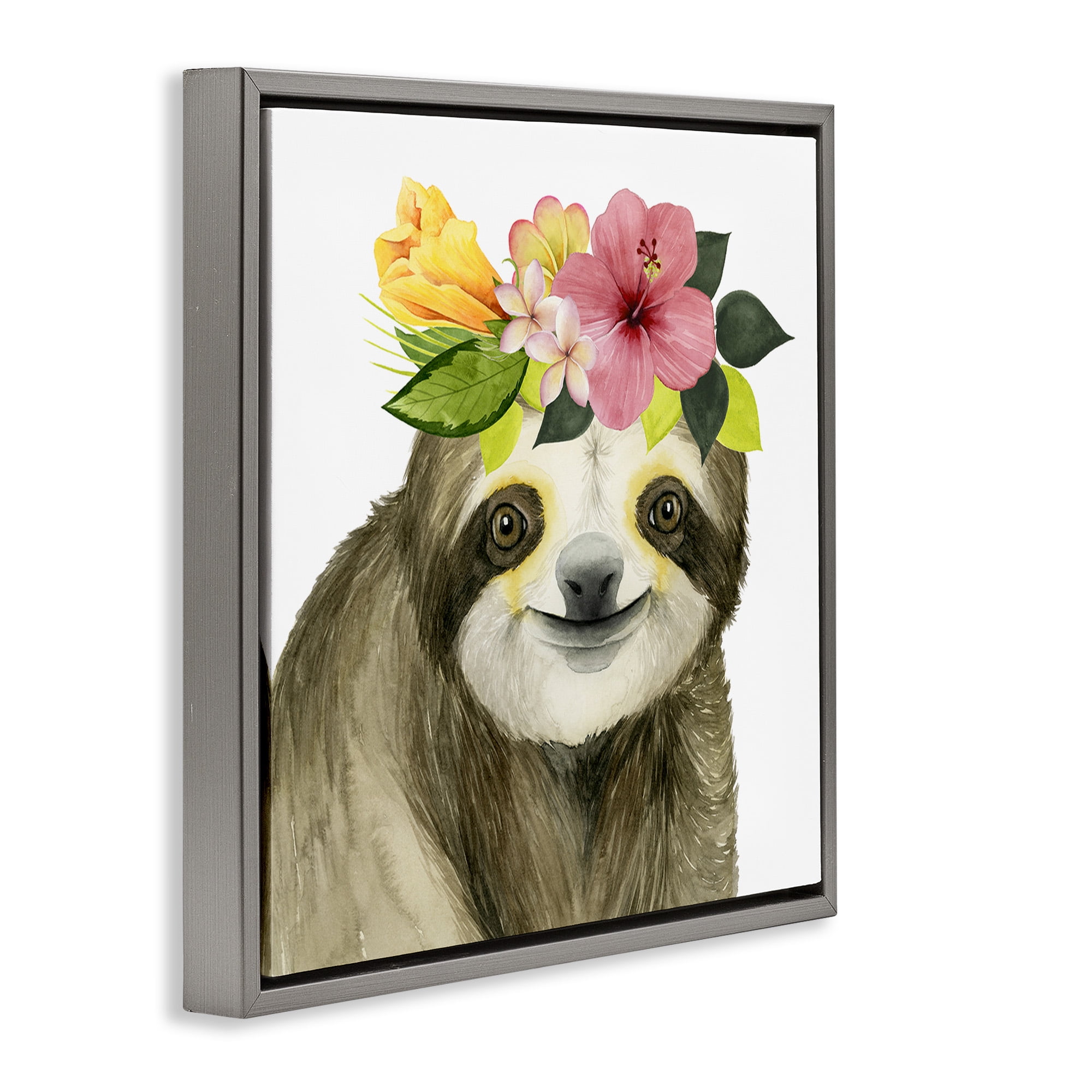 Stupell Industries Smiling Sloth in Flower Crown Animals & Insects Painting Gray Floater Framed Canvas Art Print Wall Art, 25 x 25