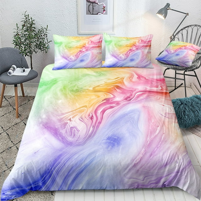 Move Over Marble Bedding Sets Full Colorful Marble Duvet Cover Set Blue Yellow Marble Textured Pattern Microfiber No Filling
