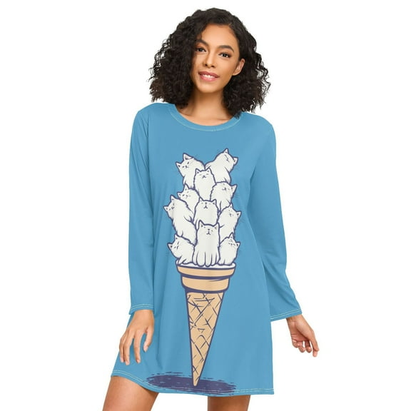 FORMRS Womens Long Sleeve Nightgowns Crew Neck Sleep Shirt Soft Pajamas Sizes S-3XL, Ice Cream Cat