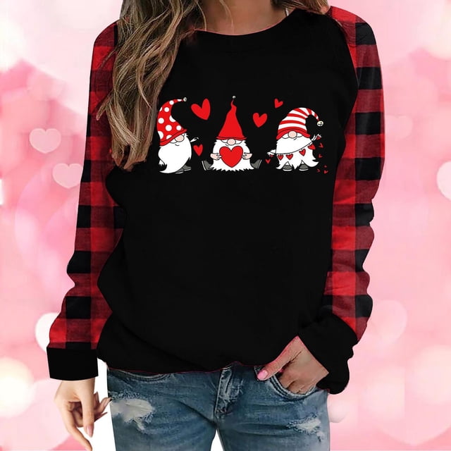 Meichang Hauts pour Femmes Manches Longues Valentines Day Chemises Mignonnes Imprimé Cœur Blouses Col Rond T-Shirts Décontractés Joyeux Valentines Day Chemises