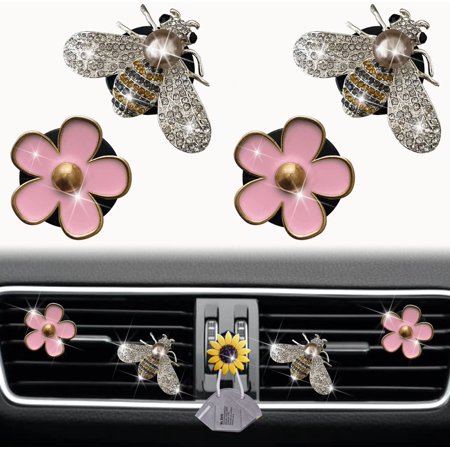 Bling Bee & Daisy Air Vent Clips, 4 Pcs Pink Flower Car Air Fresheners Vents Clips Diamond Funny Car Interior Decor Cute Car Accessories Car Decoration for Women +Sunflower Mask Hook