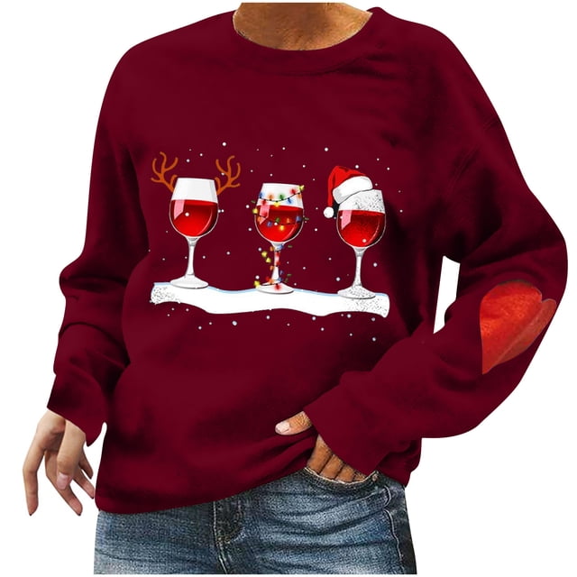 Pompotops Automne et Hiver Femmes Pull Imprimé de Noël Col Rond Manches Longues Blouse Unie Hauts Chandails en Molleton